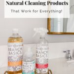 Bottles of cleaners on a bathroom counter.
