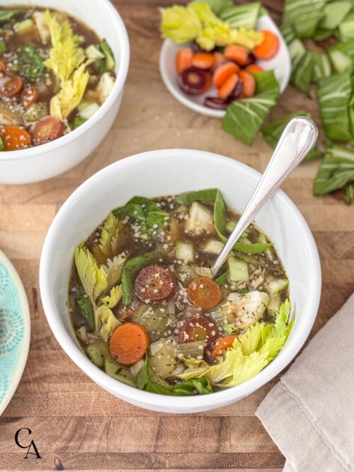 Chunky soup with broth and veggies.