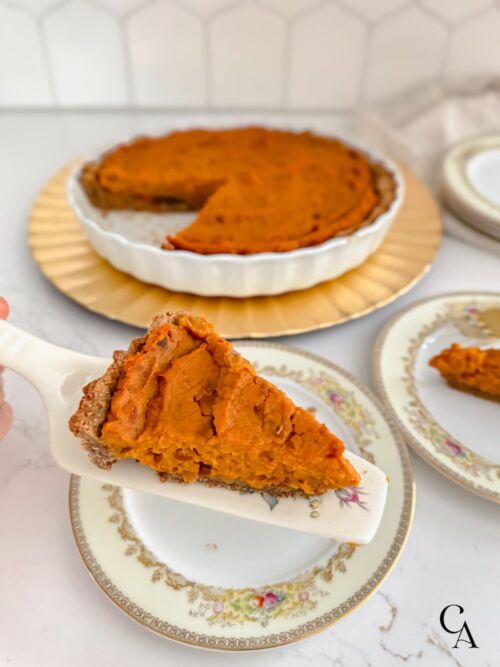 A slice of sweet potato tart.