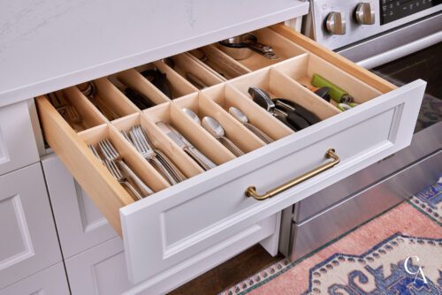 Kitchen organization idea for a drawer of flatware.