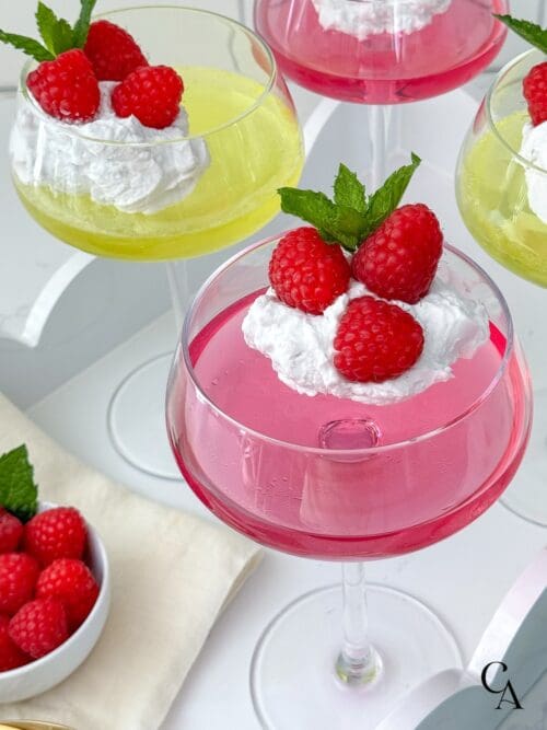Watermelon jello in a coupe glass, topped with cream and raspberries.