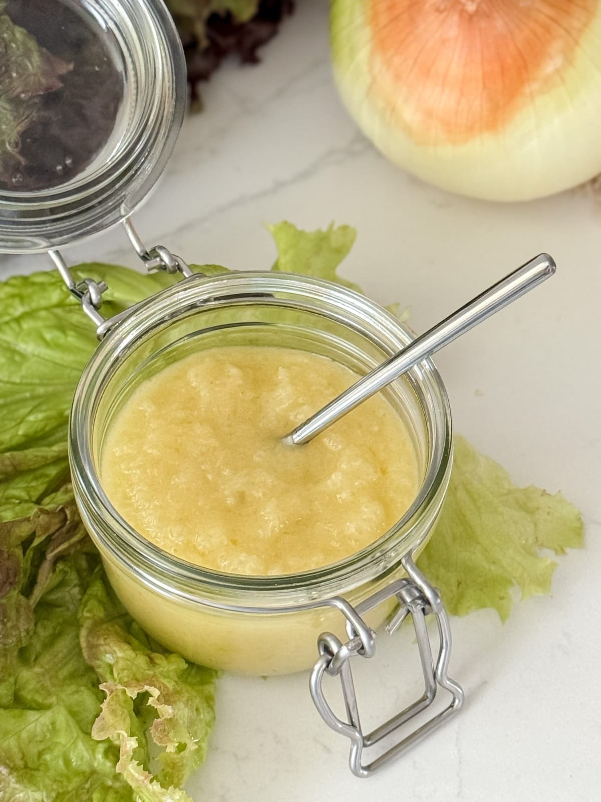 A jar of salad dressing.