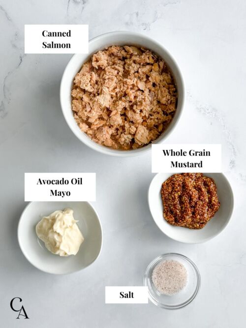 Bowls of canned salmon, whole grain mustard, paleo mayo and salt on a marble counter.