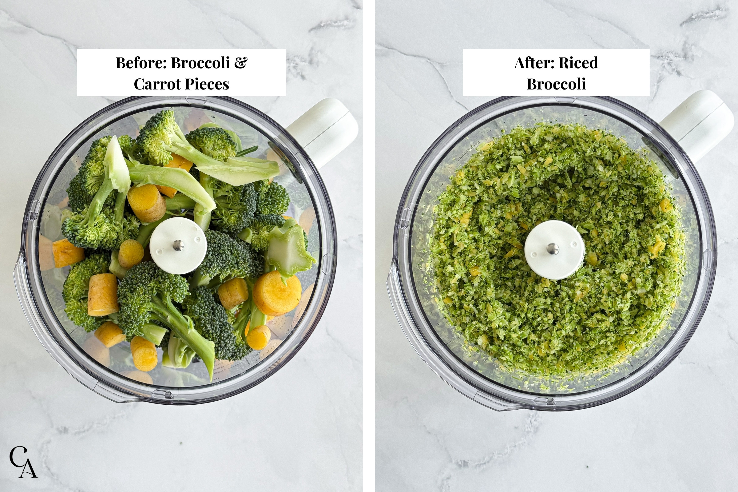 A food processor with broccoli florets and carrot pieces, and another with broccoli rice after pulsing.