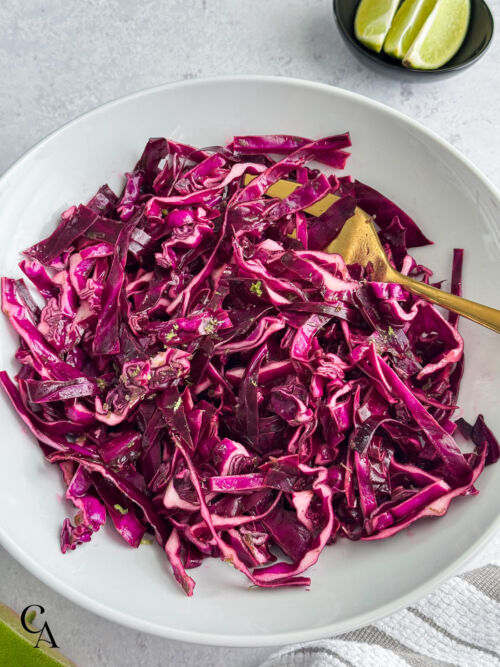 Red cabbage slaw with lime zest.