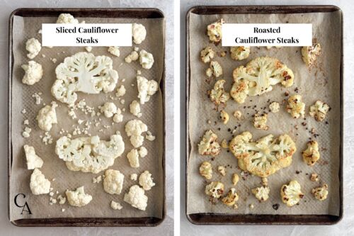 Before and after images of cauliflower steaks on a baking sheet—raw slices on the left, golden roasted on the right.