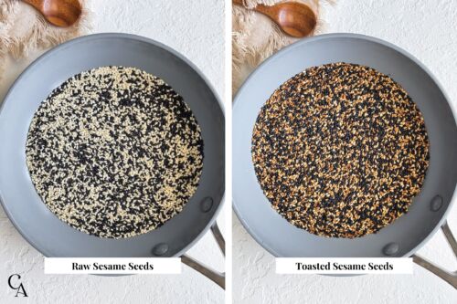 Two pans with black and white sesame seeds. One with raw seeds, and the other after toasting them.