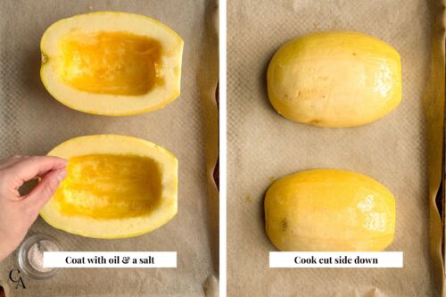 A spaghetti squash cut in half, coated in avocado oil, and placed face down on a baking sheet lined with parchment paper.