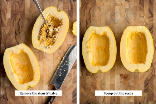 Halved squashes on a wooden cutting board, showing the steps for how to cut spaghetti squash and remove the seeds.
