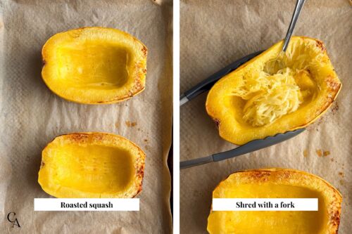Roasted spaghetti squash halves, with one image showing how to scrape out the strands with a fork and kitchen tongs.