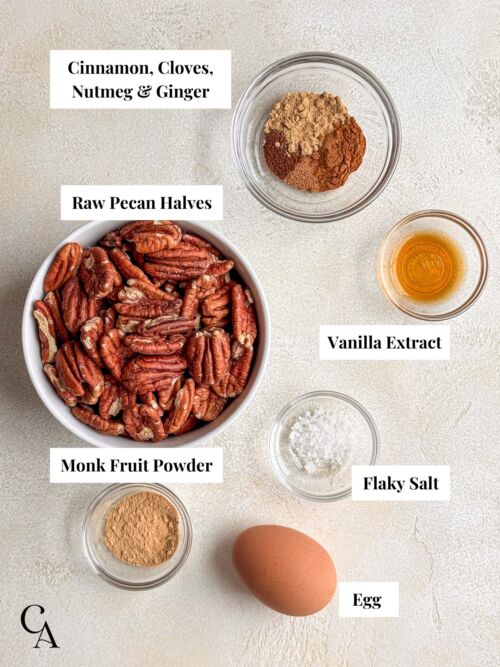 Bowls of ingredient on a light surface, including raw pecans, spices, salt, vanilla extract, monk fruit powder and and egg.