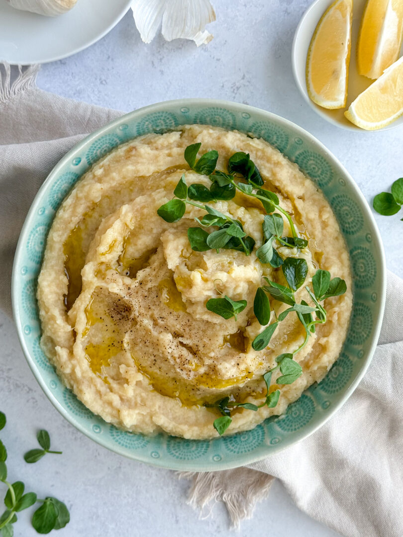 Overhead view of a creamy side dish.