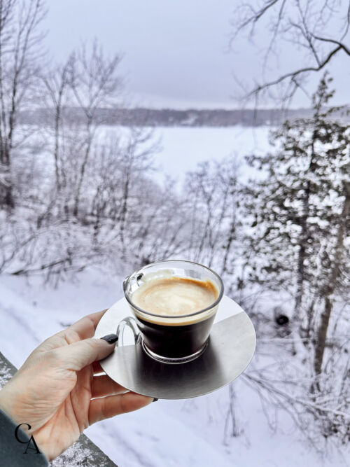 A woman's hand holds a cup of espresso over a balcony, overlooking snow-covered trees.