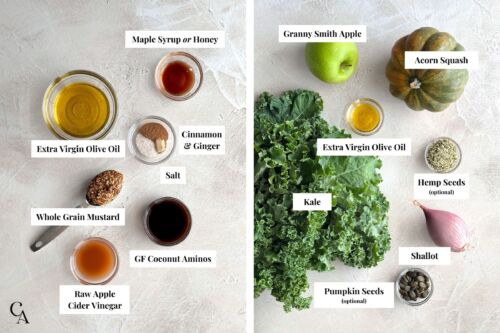 Flat lay of ingredients, including squash, kale, olive oil, maple syrup, coconut aminos, apple cider vinegar, mustard, spices, and seeds in small bowls.