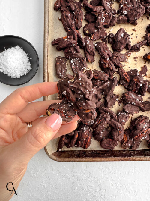 Hand holding a salted chocolate pecan cluster with a small bowl of flaky salt in the background.