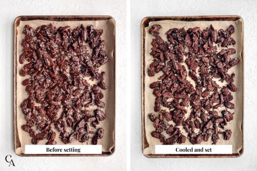 Chocolate-coated pecans before chilling and after setting on rimmed baking sheets.