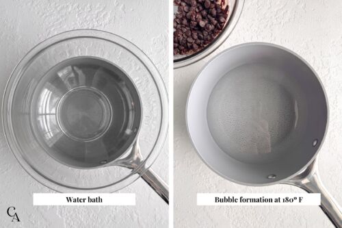 Water bath setup for melting chocolate, showing a saucepan with hot water and a bowl fitted on top.