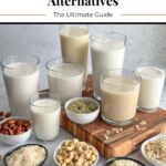A Pinterest graphic of various dairy-free milks in glasses, with small bowls of ingredients representing each one.