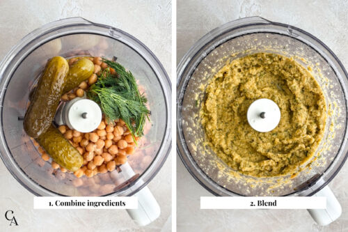 Step-by-step process showing chickpeas, dill pickles, and herbs in a food processor before and after blending into a creamy dip.