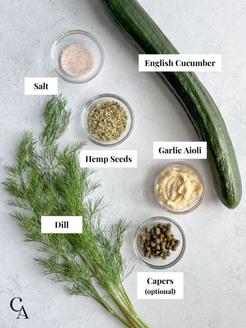 Fresh dill, an English cucumber and small bowls of salt, capers, hemp seeds, and garlic aioli on a light grey surface.