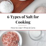 Overlay of several small bowls of various types of cooking salt on a wooden board and a quartz counter.